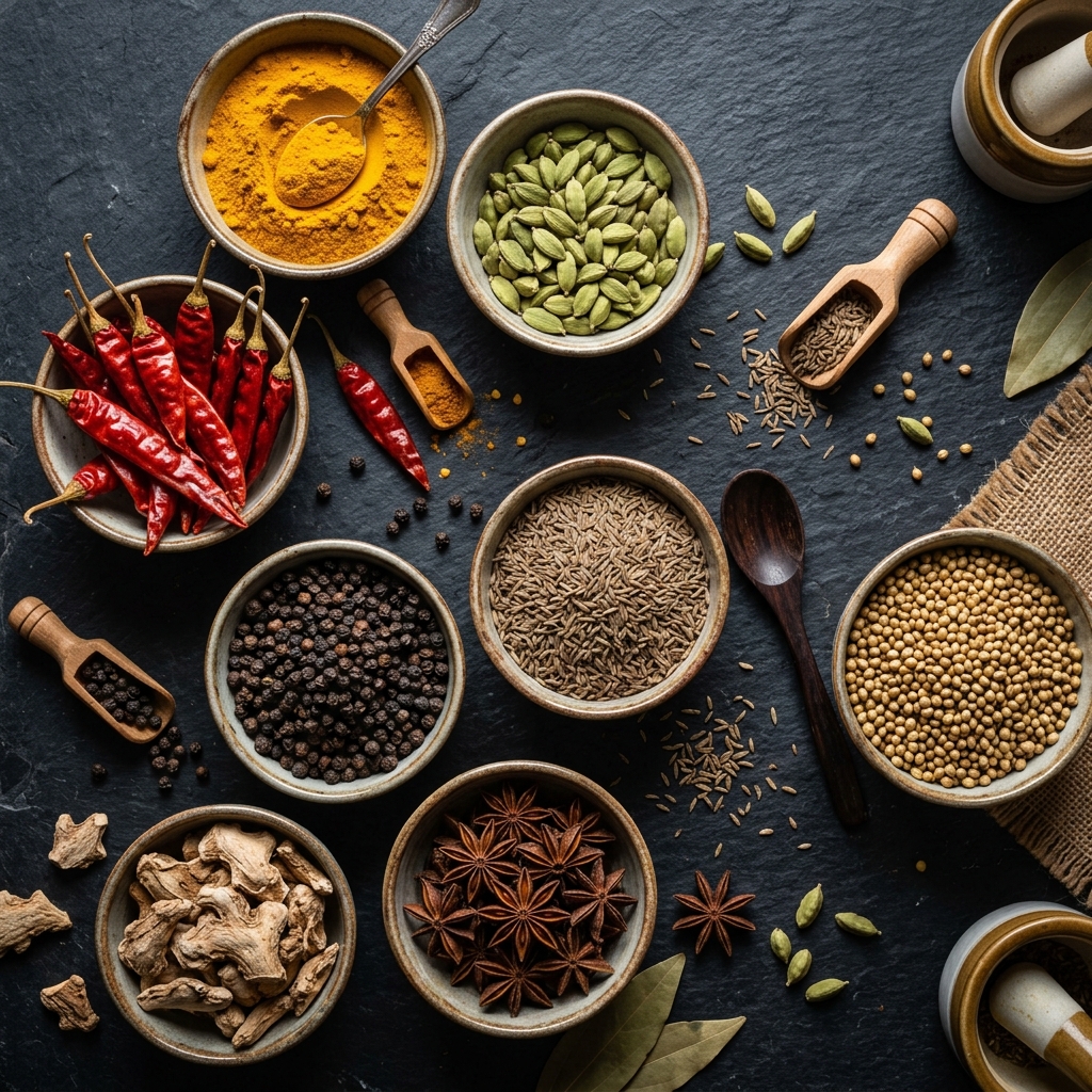 Premium Indian spice collection — turmeric, cardamom, cumin, red chilli